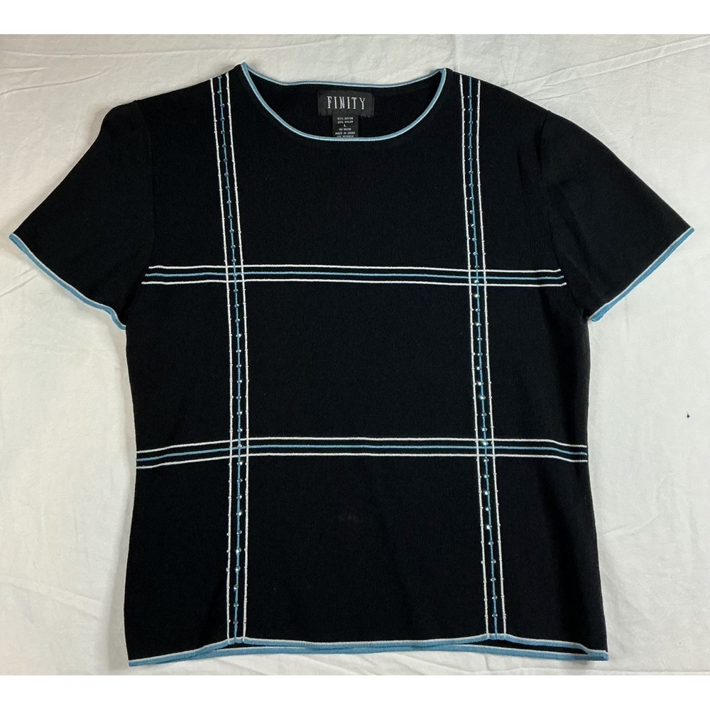 Vintage Finity Black Knit Top Blue Trim Y2K Geometric Short Sleeve Sweater Large